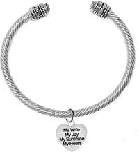 Message Bracelet, My Wife, My Joy, My Sunshine, My Heart, Breathtaking Adjustable Silver Cable Cuff Bracelet, Hypoallergenic, Safe-Nickel, Lead, Cadmium Free