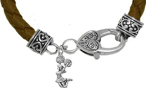 Cheer Crystal Jumping Cheerleader, Genuine Brown Leather, Antique Vintage Silver Cheerleader Bracelet, Hypoallergenic, Contains No Nickel, Lead, Or Poisonous Cadmium