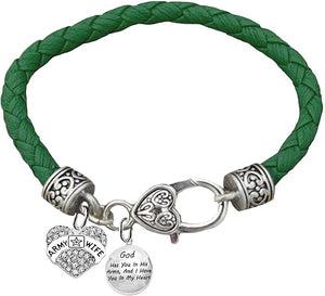 Army Wife, God Has You In His Arms, And I Have You In My Heart, On A Genuine Green Leather Bracelet, Hypoallergenic Safe, No Nickel, Lead, Or Poisonous Cadmium In Bracelet