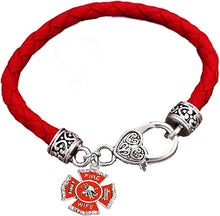 Firefighter's Wife, On A Red Woven Leather Hypoallergenic Bracelet, Nickel, Lead, And Poisonous Cadmium Free