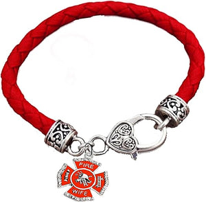 Firefighter's Wife, On A Red Woven Leather Hypoallergenic Bracelet, Nickel, Lead, And Poisonous Cadmium Free