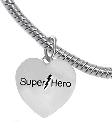 Super Hero Heart Charm On A Elegant Antique Snake Chain Bracelet, Hypoallergenic Safe- No Nickel. Lead, Or Poisonous Cadmium