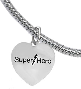 Super Hero Heart Charm On A Elegant Antique Snake Chain Bracelet, Hypoallergenic Safe- No Nickel. Lead, Or Poisonous Cadmium