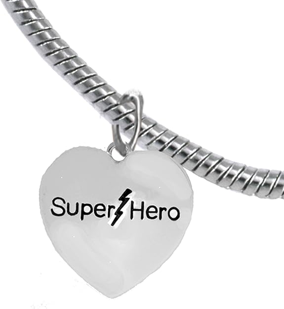 Super Hero Heart Charm On A Elegant Antique Snake Chain Bracelet, Hypoallergenic Safe- No Nickel. Lead, Or Poisonous Cadmium