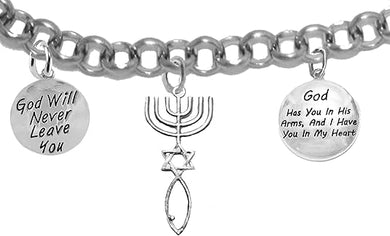 Messianic Seal of Jerusalem, God Will Never Leave You, God Has You In His Arms And I Have You In My Heart, On A Adjustable Rolo Chain Bracelet, Hypoallergenic, Safe-Nickel, Lead, Cadmium Free