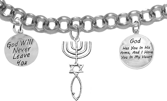 Messianic Seal of Jerusalem, God Will Never Leave You, God Has You In His Arms And I Have You In My Heart, On A Adjustable Rolo Chain Bracelet, Hypoallergenic, Safe-Nickel, Lead, Cadmium Free