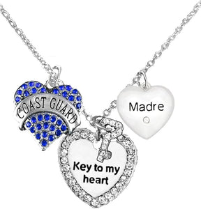 Coast Guard Madre, Key to My Heart, Crystal Madre Heart Charm Necklace, Adjustable, Hypoallergenic, Safe- Nickel, Lead, and Cadmium Free