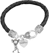 Weightlifters Barbell Lunge Pose, Super Hero Lightning Heart, On A Black Woven Leather Bracelet, Hypoallergenic - Nickel, Lead, And Poisonous Cadmium Free
