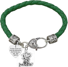 Army, To The World You May Be Someone, But To Me You Are The World, On A Genuine Green Leather Bracelet, Hypoallergenic Safe, No Nickel, Lead, Or Poisonous Cadmium In Bracelet
