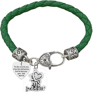 Army, To The World You May Be Someone, But To Me You Are The World, On A Genuine Green Leather Bracelet, Hypoallergenic Safe, No Nickel, Lead, Or Poisonous Cadmium In Bracelet