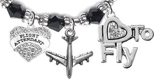 Airline Flight Attendant, I Love to Fly, Hypoallergenic Black Crystal Charm Bracelet, Nickel, Lead, and Cadmium Free
