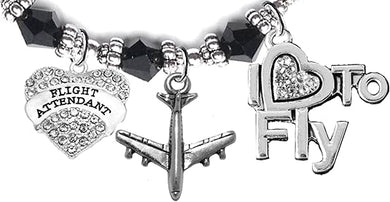 Airline Flight Attendant, I Love to Fly, Hypoallergenic Black Crystal Charm Bracelet, Nickel, Lead, and Cadmium Free