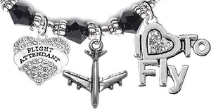 Airline Flight Attendant, I Love to Fly, Hypoallergenic Black Crystal Charm Bracelet, Nickel, Lead, and Cadmium Free