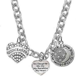 Quinceañera Heart, My Daughter My Joy My Sunshine My Love, I Love You ToThe Moon and Back, On A Sterling Silver Solid .925 Sterling, Not Plated Or Coated Chain Necklace,Charm-Nickel,Lead,Cadmium Free