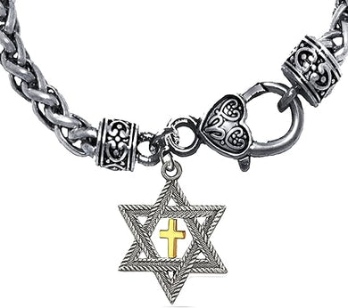 Messianic Christian Silver Star Of David With Gold Cross Inside, On A Antique Wheat Chain Bracelet, Hypoallergenic-Safe, No Nickel, Lead Or Cadmium In The Metal. ©2023, Large, Silver, Carnelian