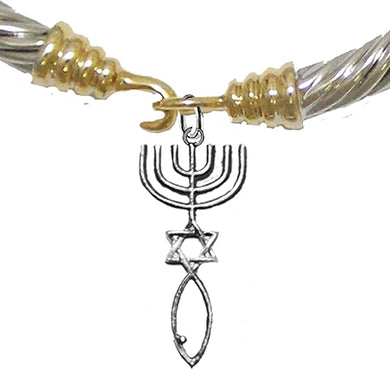 Messianic Seal of Jerusalem with Menorah, Star of David, Christian Fish (Ichthys) On A Gold/Silver Cable Bracelet, Hypoallergenic, Safe-Nickel, Lead, Cadmium Free