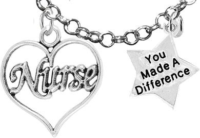 RN, Nurse, You Made A Difference, Adjustable Charm Necklace, Hypoallergenic, Safe-Nickel, Lead, Free