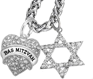 Jewish Bas Mitzvah Crystal Heart, And A Crystal Star Of David, Wheat Chain Necklace Hypoallergenic, Safe-Nickel, Lead, And Cadmium Free