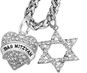 Jewish Bas Mitzvah Crystal Heart, And A Crystal Star Of David, Wheat Chain Necklace Hypoallergenic, Safe-Nickel, Lead, And Cadmium Free