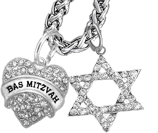 Jewish Bas Mitzvah Crystal Heart, And A Crystal Star Of David, Wheat Chain Necklace Hypoallergenic, Safe-Nickel, Lead, And Cadmium Free