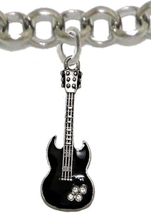Black Guitar On Rollo Chain Adjustable Bracelet, Hypoallergenic Safe-Nickel, Lead And Cadmium Free