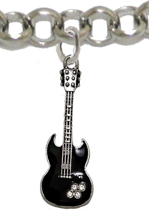 Black Guitar On Rollo Chain Adjustable Bracelet, Hypoallergenic Safe-Nickel, Lead And Cadmium Free