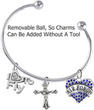 Air Force, I Love to Fly, Genuine Crystal, Crucifix, Adjustable, Removable End Ball Bracelet, Add Charms Without Tools, Hypoallergenic, Safe-Nickel, Lead Free
