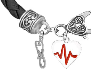 Paramedic Stethescope And Beating Heart Symbol Charm, On A Black Leather Hypoallergenic Bracelet, Nickel, Lead, And Poisonous Cadmium Free