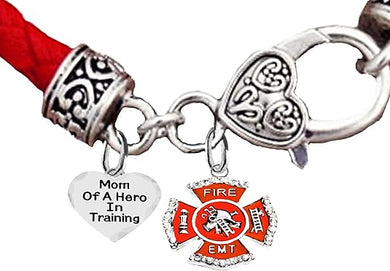 EMT, Firefighter, Mom Of A Hero In Training, Fire Department Charm, On A Antique Genuine Red Leather Bracelet, Hypoallergenic Safe-Nickel, Lead And Cadmium Free