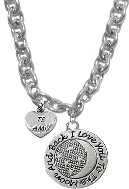 Te Amo, I Love You to The Moon and Back, On A Sterling Silver Solid .925 Sterling, Not Plated Or Coated. Cable Chain Necklace, Charm-Nickel, Lead, Cadmium Free2020