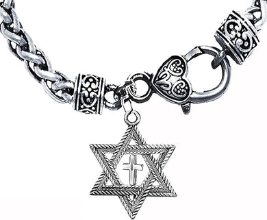 Messianic, Christian, Jewish Antique Silvertone Star Of David And Polished Cross On A Antique Silvertone Wheat Chain Bracelet, Hypoallergenic-Safe, No Nickel, Lead, Cadmium In The Metal 54B1
