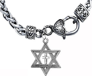 Messianic, Christian, Jewish Antique Silvertone Star Of David And Polished Cross On A Antique Silvertone Wheat Chain Bracelet, Hypoallergenic-Safe, No Nickel, Lead, Cadmium In The Metal 54B1