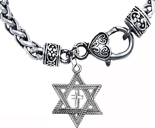 Messianic, Christian, Jewish Antique Silvertone Star Of David And Polished Cross On A Antique Silvertone Wheat Chain Bracelet, Hypoallergenic-Safe, No Nickel, Lead, Cadmium In The Metal 54B1