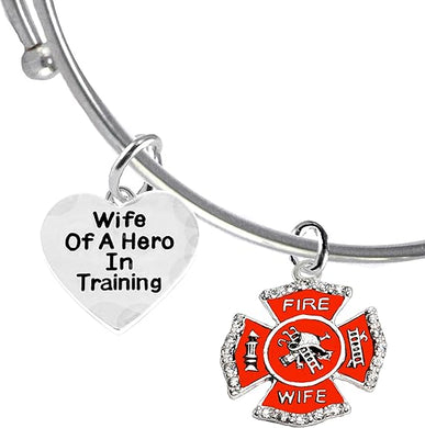 Firefighter, Wife Of A Hero In Training, Fire Department Charm, On A Adjustable Miracle Wire Bracelet, Hypoallergenic Safe-Nickel, Lead And Cadmium Free