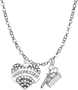 Hair Dresser Crystal Heart, Comb & Scissors Necklace, Hypoallergenic Safe-Nickel Free, No Poisonous Lead, or Cadmium