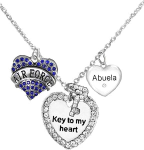 Air Force, Key to My Heart, Crystal Abuela, Heart Necklace, Hypoallergenic, Safe-Nickel, Lead Free