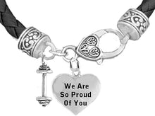 Weightlifters Dumbbell, We Are So Proud Of You Heart, On A Black Woven Leather Bracelet, Hypoallergenic - Nickel, Lead, And Poisonous Cadmium Free