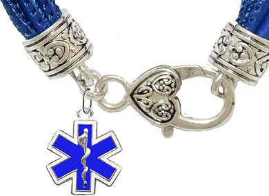 EMT Symbol, On A Blue Leather Hypoallergenic Bracelet, Nickel, Lead, And Poisonous Cadmium Free