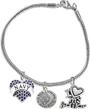 Navy, I Love You to The Moon and Back, Crystal I Love My Sailor, Licensed Navy Charm, Snake Chain Bracelet, Hypoallergenic, Safe-Nickel, Lead, Cadmium Free