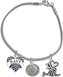 Navy, I Love You to The Moon and Back, Crystal I Love My Sailor, Licensed Navy Charm, Snake Chain Bracelet, Hypoallergenic, Safe-Nickel, Lead, Cadmium Free