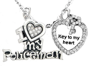 I Love My Policeman, Key To My Heart, STERLING SILVER Solid .925 Sterling, Not Plated Or Coated 18 Inch Necklace, Nickel, Lead, Cadmium Free