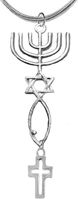 Cross, Contemporary And Beautiful, Suspended From Messianic Seal of Jerusalem With Menorah, Star Of David, Christian Fish On A Adjustable, Hypoallergenic, Safe-Nickel, Lead, Cadmium Free