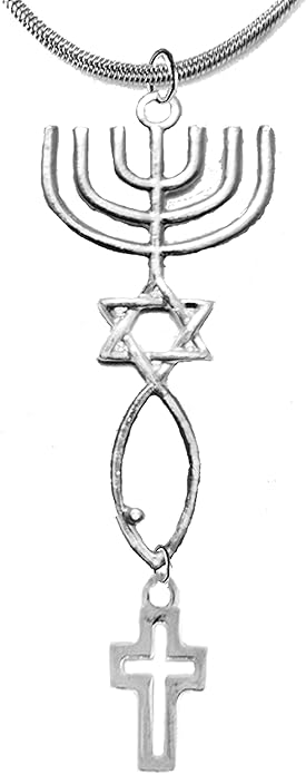 Cross, Contemporary And Beautiful, Suspended From Messianic Seal of Jerusalem With Menorah, Star Of David, Christian Fish On A Adjustable, Hypoallergenic, Safe-Nickel, Lead, Cadmium Free