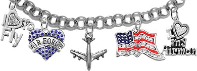 Air Force, 5 Charm Bracelet, I Love My Airman, I Love to Fly, Jet, Flag, and Heart, Adjustable, Rolo Chain Bracelet, Hypoallergenic, Safe-No Nickel, Lead, Or Cadmium
