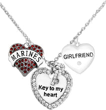 Marine Girlfriend, Key to My Heart, Crystal Girlfriend Heart Charm Necklace, Hypoallergenic, Safe-Nickel, Lead, Free