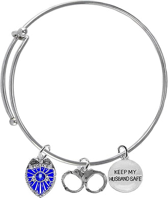 Police Badge, Policemen's Wife, Handcuffs, Keep My Husband Safe, Adjustable, Miracle Wire Bracelet, Hypoallergenic Safe-Nickel, Lead And Cadmium Free