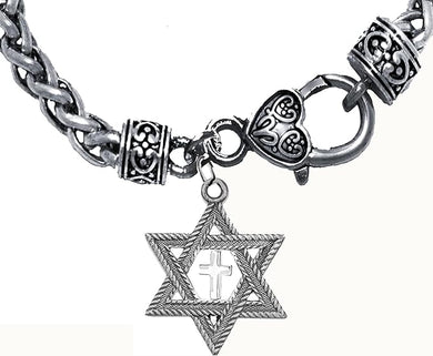 Messianic, Christian, Jewish Silver Star Of David, Silvertone Cross Antique Wheat Chain Necklace, Hypoallergenic-Safe, No Nickel, Lead, or Cadmium In The Metal ©2023