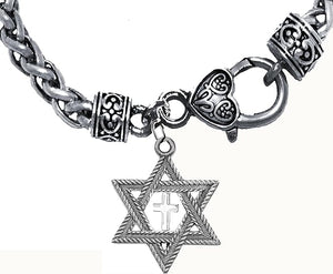 Messianic, Christian, Jewish Silver Star Of David, Silvertone Cross Antique Wheat Chain Necklace, Hypoallergenic-Safe, No Nickel, Lead, or Cadmium In The Metal ©2023
