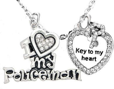 I Love My Policeman, Key To My Heart, STERLING SILVER Solid .925 Sterling, Not Plated Or Coated 18 Inch Necklace, Nickel, Lead, Cadmium Free
