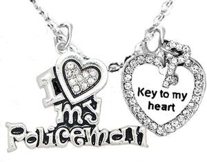 I Love My Policeman, Key To My Heart, STERLING SILVER Solid .925 Sterling, Not Plated Or Coated 18 Inch Necklace, Nickel, Lead, Cadmium Free